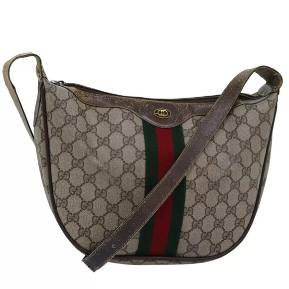 GUCCI GG Supreme Web Sherry Line Shoulder Bag PVC Leather Beige Auth - Picture 1 of 7